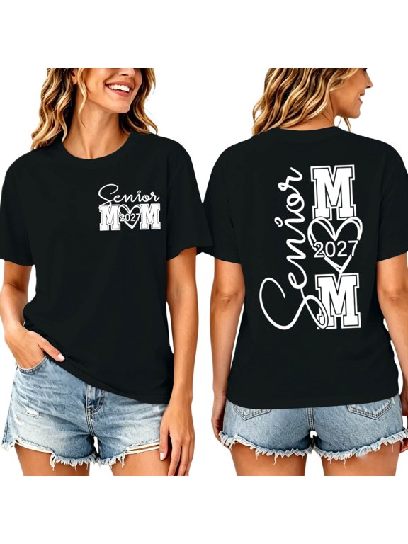 Women Class Of 2027 Senior Mom Graphic Tee Front Back Print Short Sleeve T-Shirt Graduation Casual Top Black XL