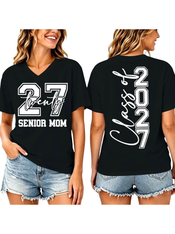 Women Class Of 2027 Senior Mom Graphic Tee Front Back Print Short Sleeve T-Shirt Graduation Casual Top Black XL
