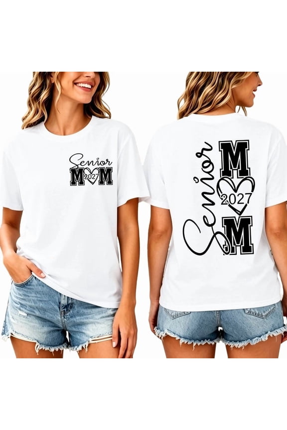 Women Class Of 2027 Senior Mom Graphic Tee Front Back Print Short Sleeve T-Shirt Graduation Casual Top White XL