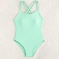 thumbnail image 1 of OOOUM Women Criss Cross One Piece Swimsuits U Neck Ribbed Knit Solid Padded Bodysuit Stretch Quick Dry Sleeveless Basic Bathing Suit Mint Green 9-10 Years, 1 of 7