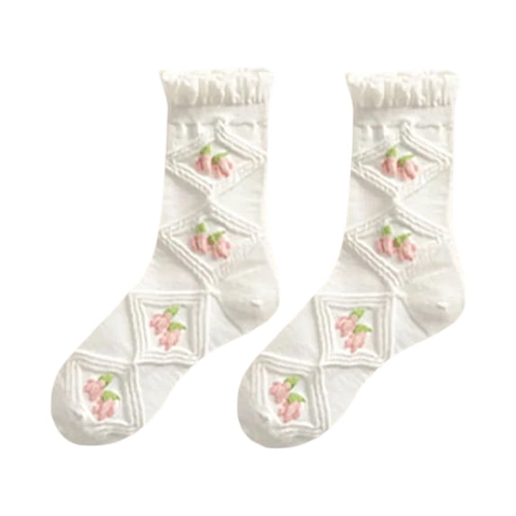 OOOUM Women Embroidery Mid Calf Socks Crochet Ruffle Crew Socks Fashion Sweet Ankle Socks Green