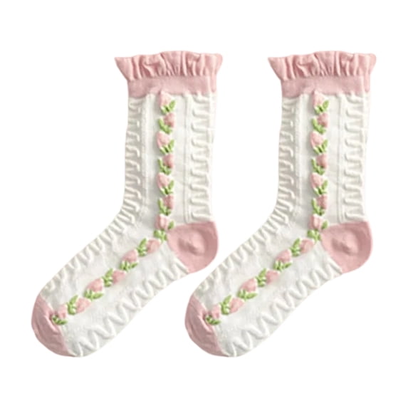 OOOUM Women Embroidery Mid Calf Socks Crochet Ruffle Crew Socks Fashion Sweet Ankle Socks Red