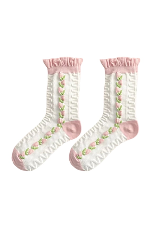 Women Embroidery Mid Calf Socks Crochet Ruffle Trim Crew Socks Fashion Sweet Ankle Socks Red