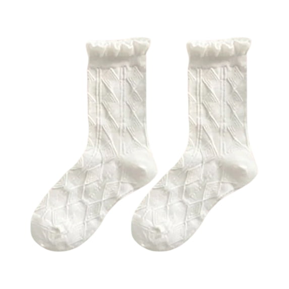 OOOUM Women Embroidery Mid Calf Socks Crochet Ruffle Trim Crew Socks Fashion Sweet Ankle Socks Red