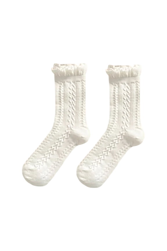 Women Embroidery Mid Calf Socks Crochet Ruffle Trim Crew Socks Fashion Sweet Ankle Socks White