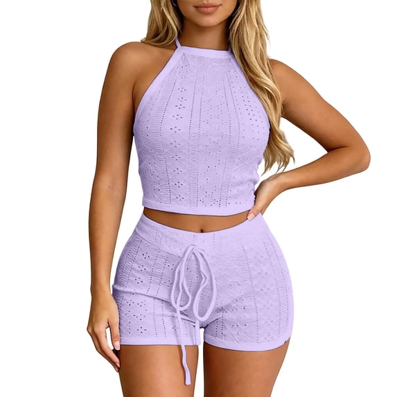 OOOUM Women Eyelet Halter Crop Tank Set Hollow Out Drawstring Shorts Two Piece Outfit Ladies Summer Casual Vacation Tracksuit Light Purple XL