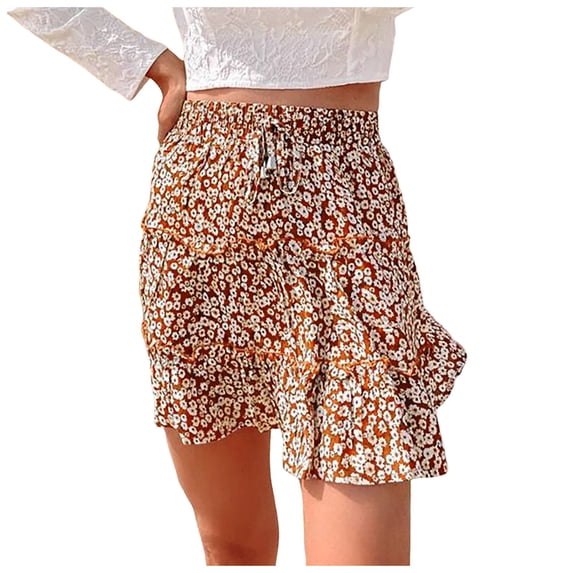 OOOUM Women Floral Mini Skirt Elastic High Waist Drawstring Tiered Ruffle Flowy A Line Summer Beach Casual Short Skirt Red L