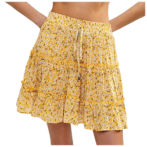 OOOUM Women Floral Mini Skirt Elastic High Waist Drawstring Tiered Ruffle Flowy A Line Summer Beach Casual Short Skirt Yellow L
