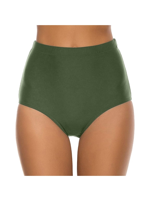 Women High Waist Bikini Brief Solid Color Quick Dry Swim Bottom Tummy Concealing Separate Swim Bottom Army Green S