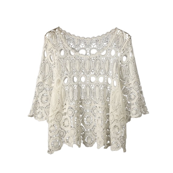 OOOUM Women Hollow Crochet Lace Cover Up Top Boat Neck 3/4 Flare Sleeve Loose Oversized Crochet Knit Bikini Cover Up Beach Shirt White