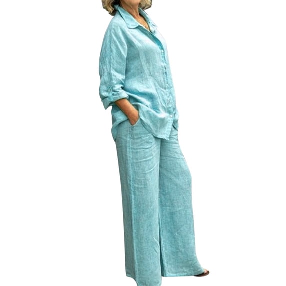 OOOUM Women Linen 2 Piece Matching Set Long Sleeve Button Shirt Wide Leg Pants Set Light Textured Woven Casual Vacation Outfits Blue XXL