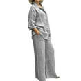 thumbnail image 1 of OOOUM Women Linen 2 Piece Matching Set Long Sleeve Button Shirt Wide Leg Pants Set Light Textured Woven Casual Vacation Outfits Grey L, 1 of 5