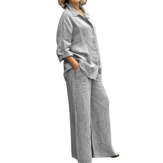 OOOUM Women Linen 2 Piece Matching Set Long Sleeve Button Shirt Wide Leg Pants Set Light Textured Woven Casual Vacation Outfits Grey L
