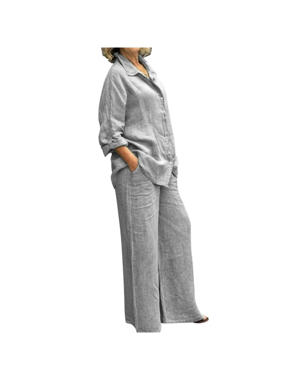 Women Linen 2 Piece Matching Set Long Sleeve Button Shirt Wide Leg Pants Set Light Textured Woven Casual Vacation Outfits Grey L