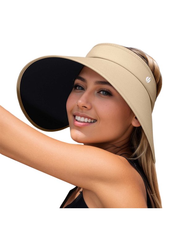 Women Oversized Visor Hat Foldable Wide Brim Uv Protection Empty Top Sun Visors Lightweight Ponytail Travel Casual Cap Khaki
