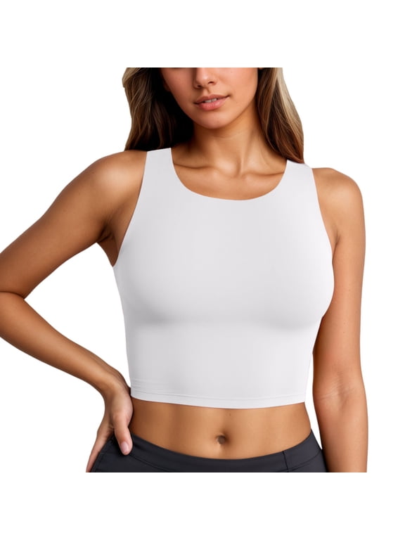Women Racerback Crop Bikini Top Quick Dry Solid Padded Sports Swim Bra Summer Active Fit Surf Pool Swim Top White L
