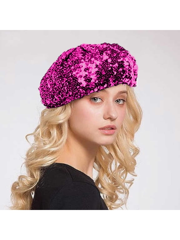 Women'S Sparkly Sequins Beret Soft Stretchy Fashion Hat Colorful Festival Party Hats Hot Pink