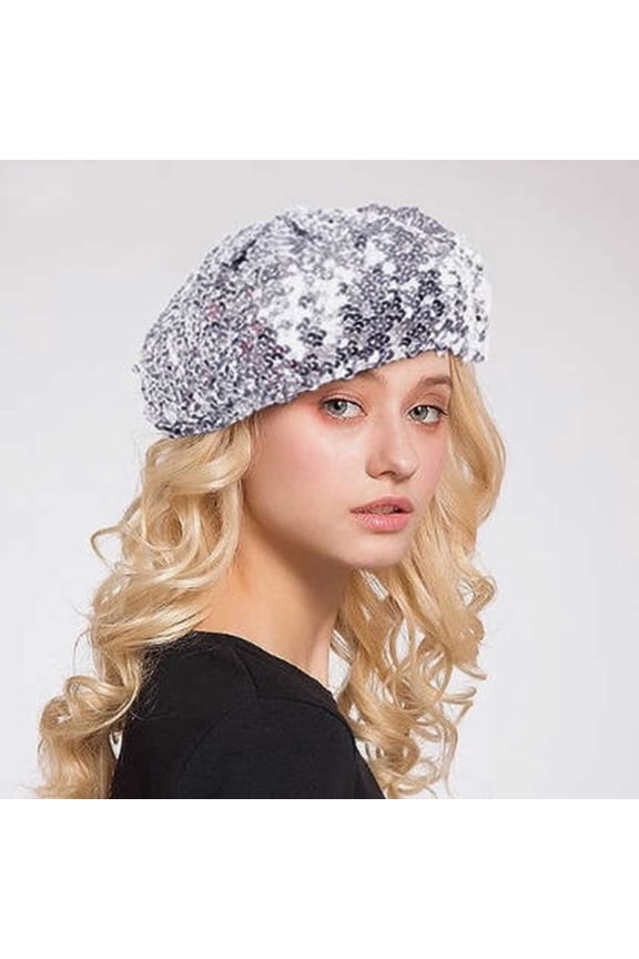 Women'S Sparkly Sequins Beret Soft Stretchy Fashion Hat Colorful Festival Party Hats Silver