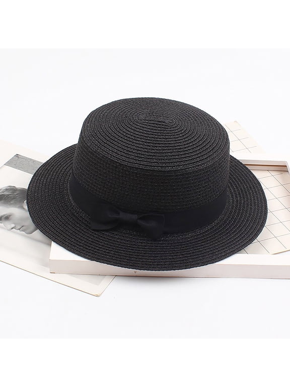 Women'S Straw Sun Hat Wide Brim Flat Top Boater Hat Bow Detail Summer Beach Solid Color Vintage Cap,