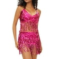 thumbnail image 1 of OOOUM Women Sequin Fringe 2 Piece Dance Outfit Spaghetti Strap V Neck Crop Top Mini Skirt Set Salsa Tango Party Performance Clothing Set Hot Pink One Size, 1 of 5