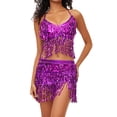 thumbnail image 1 of OOOUM Women Sequin Fringe 2 Piece Dance Outfit Spaghetti Strap V Neck Crop Top Mini Skirt Set Salsa Tango Party Performance Clothing Set Purple One Size, 1 of 5