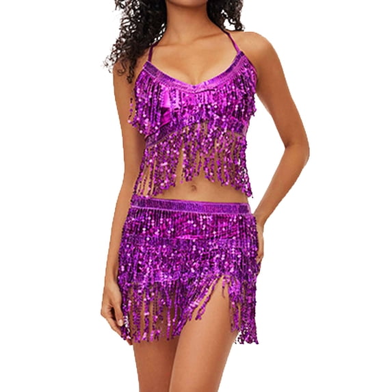 OOOUM Women Sequin Fringe 2 Piece Dance Outfit Spaghetti Strap V Neck Crop Top Mini Skirt Set Salsa Tango Party Performance Clothing Set Purple One Size
