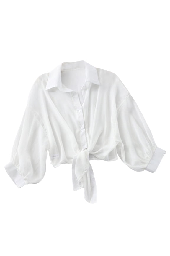 Women Sheer Chiffon Button Down Shirt Self Tie Hem Lightweight Cropped Shrug Cardigan Summer Sun Protection Loose Beach Cover Up Blouse White