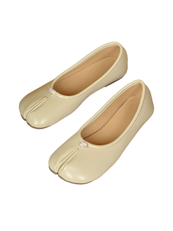 Women Split Toe Slip On Flats Soft Slip On Flats Lightweight Knot Decor Leather Casual Walking Shoes Office Daily Spring Footwear Beige