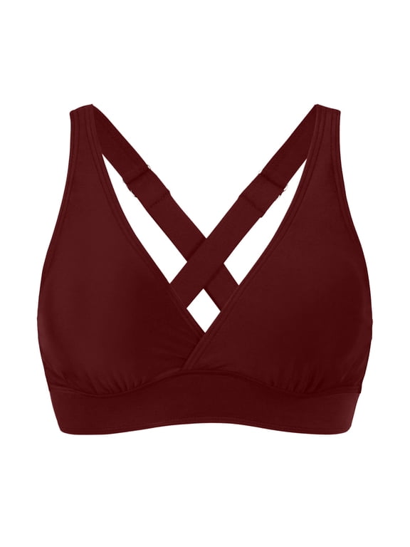 Women Sports Swim Bra Criss Cross Back V Neck Adjustable Straps Padded Workout Bra Solid Color Summer Beach Swimwear S