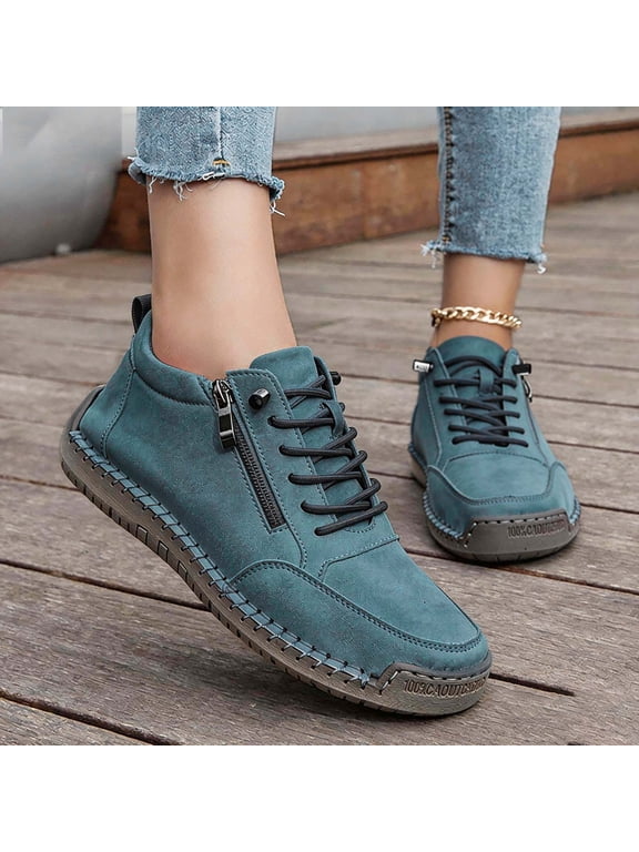 Women Stitched Side Zipper Casual Sneakers Elastic Lace Up Soft Leather Walking Shoes Solid Color Comfort Outdoor Flat Shoes Blue US:10