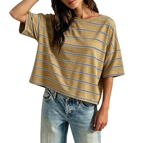 OOOUM Women Striped Crop T-Shirt Oversized Drop Shoulder Short Sleeve tee shirts Loose Soft Cotton Casual Basic Cropped shirt Tops Khaki XL