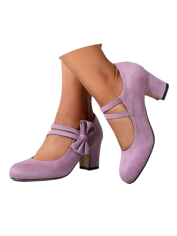 Women Suede Double Strap Bow Block Heel Mary Jane Pumps Round Toe Vintage Party Wedding Casual Dress Heels Light Purple