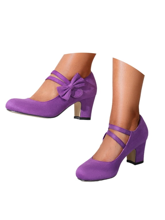 Women Suede Double Strap Bow Block Heel Mary Jane Pumps Round Toe Vintage Party Wedding Casual Dress Heels Purple