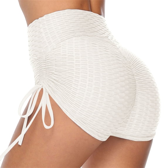 OOOUM Women Textured Yoga Shorts Adjustable Side Drawstring Ruched Tight High Waist Shorts Stretch Workout Running Booty Shorts White L