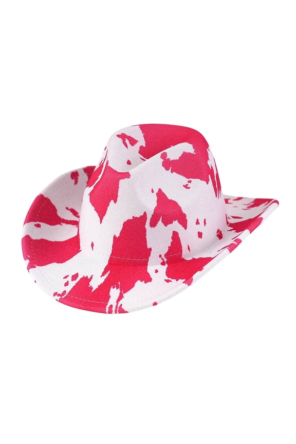 Women Western Cowboy Hat Cow Pattern Leopard Wide Curved Brim Felt Cowgirl Hat Lightweight Outdoor Travel Party Sun Hat Pink