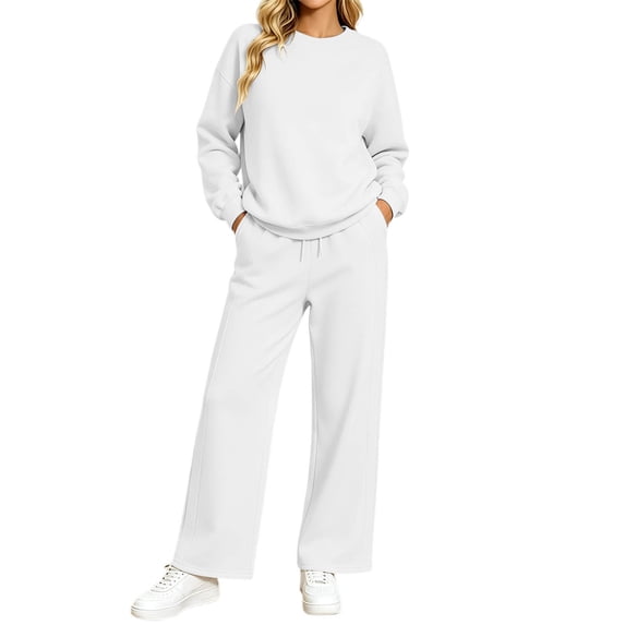 OOOUM Women's Crewneck Sweatsuit Solid Color Pullover Top and Wide Leg ...
