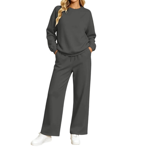 OOOUM Women's Crewneck Sweatsuit Solid Color Pullover Top and Wide Leg ...