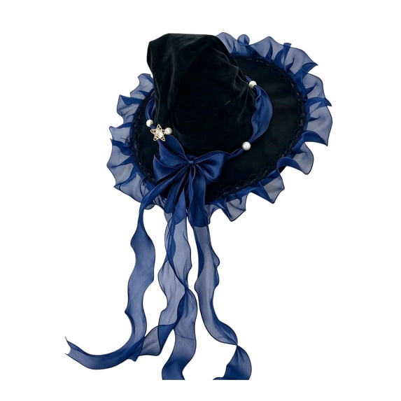OOOUM Women's Halloween Witch Hat Gothic Pointed Wide Brim Party Hat with Ribbon Bow and Star Charm for Adults