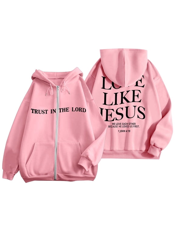 Women's Letter Print Zip Up Hoodie Trust in The Lord Graphic Sweatshirt Love Like Jesus Inspirational Hooded Jacket with Pockets Casual Pullover Top,S