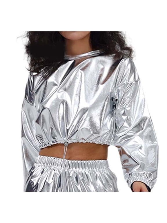 Women's Metallic Sweatshirt Cropped Long Sleeve Shiny Pullover Drawstring Hem Party Clubwear Top Fall Winter Clothes,XXL