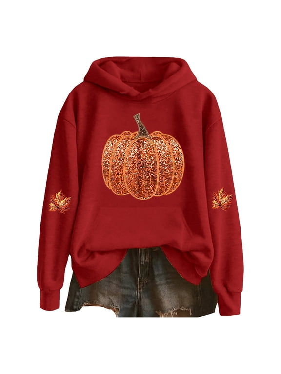 Women's Sequin Pumpkin Graphic Hoodie Long Sleeve Pullover Casual Fall Winter Sweatshirt Top,S