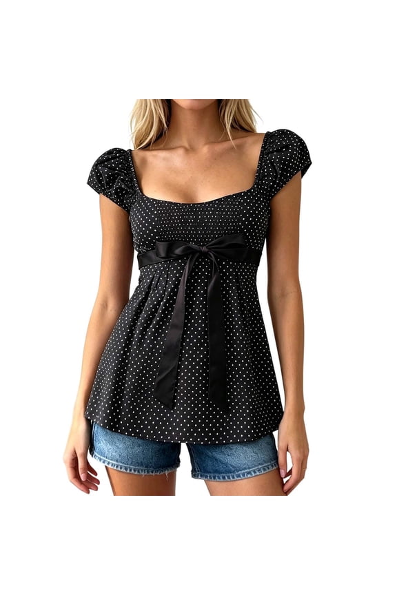 Women sweet Polka Dot Blouse Square Neck Puff Cap Sleeve Satin Bow shirts Cute Casual Summer Flowy Shirt Tops Black S
