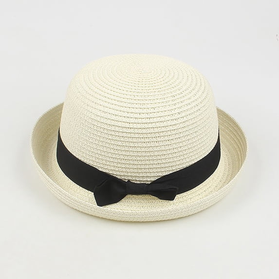 OOOUM Womens Bowknot Straw Sun Hat Breathable Lightweight Rolled Brim Hat Summer Vacation Hats White