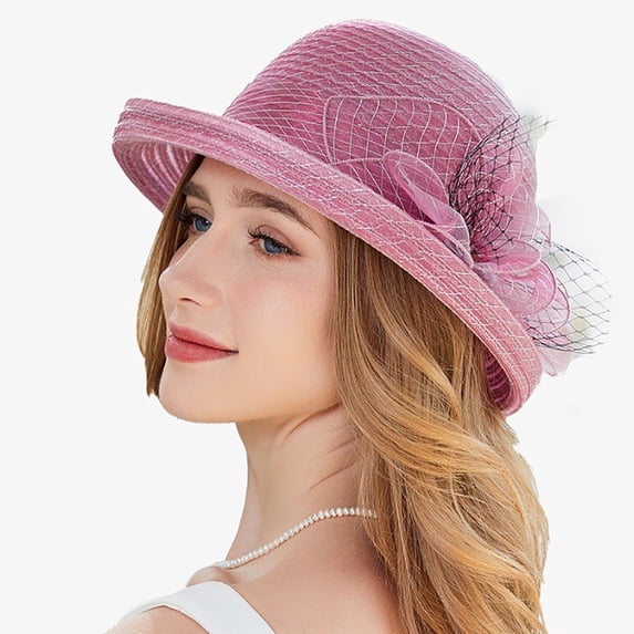 OOOUM Womens Elegant Floral Straw Hats Rolled Brim Lightweight Breathable Sun Hat Summer Beach Vacation Hats Purple
