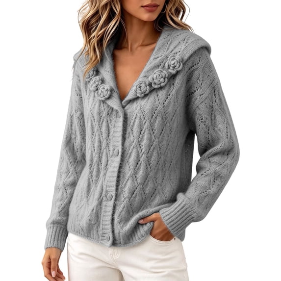 OOOUM Womens Knit Cardigan Sweet Floral Design Basic Layering Sweater ...