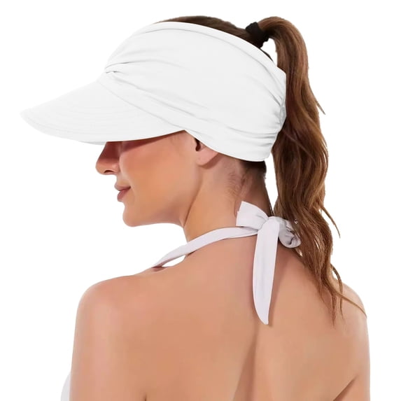 OOOUM Womens Ruched Sun Visor Empty Top Wide Brim Ponytail Visor Hats Uv Protection Summer Outdoor Casual Hats White