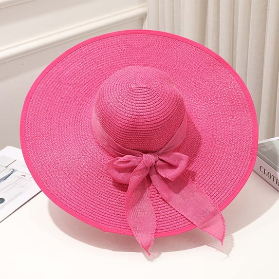 OOOUM Womens Wide Brim Straw Hat Lightweight Floppy Upf 50+ Sun Hat With Bow Summer Beach Holiday Hats Hot Pink