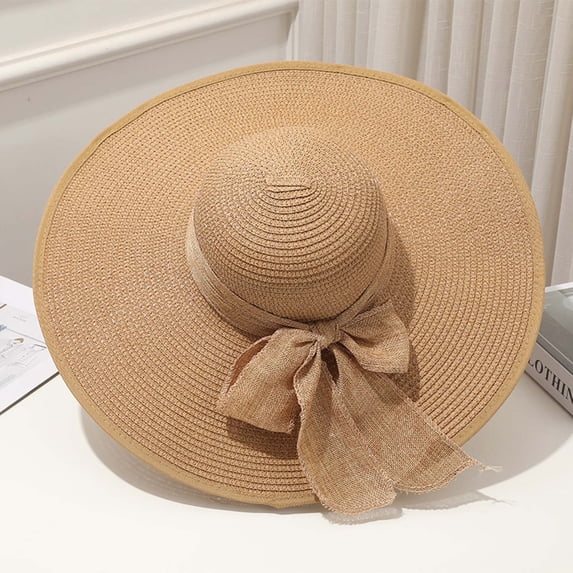 OOOUM Womens Wide Brim Straw Hat Lightweight Floppy Upf 50+ Sun Hat With Bow Summer Beach Holiday Hats Khaki