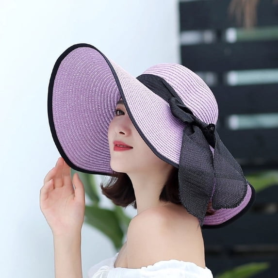 OOOUM Womens Wide Brim Sun Hats Elegant Vintage Floppy Straw Hat Packable Summer Beach Vacation Hats Purple