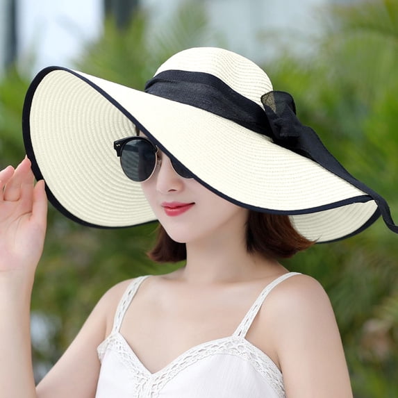 OOOUM Womens Wide Brim Sun Hats Elegant Vintage Floppy Straw Hat Packable Summer Beach Vacation Hats White